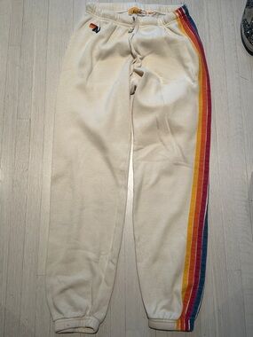 Aviator Nation women Cream Joggers with Rainbow Side Stripes